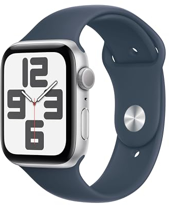 Apple Watch SE (2. Generation, 2023) (GPS, 44 mm) Smartwatch mit Aluminiumgehäuse in Silber und Sportarmband (S/M) in Sturmblau. Fitness- und Schlaftracker, Unfallerkennung, Herzfrequenzmesser