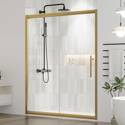 DELAVIN 60.in W x 75.in Semi-Frameles Shower Door with Clear SGCC Tempered Glass and Easy Roller System，Gold Sliding Shower Door with Water Seal Strips, Glass Shower Door with Explosion-Proof Film