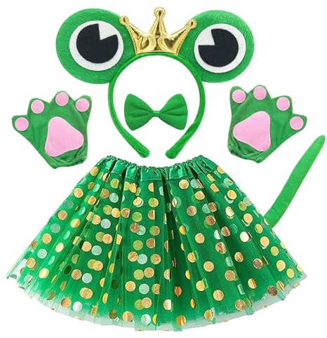 EUPSIIU 6 Pezzi Animale Costume Rana Cosplay Giochi Rana Fascia Peluche Artiglio Guanti Rana Orecchie Coda e Fiocco Tutu per Ragazze Dress Up Carino Costume Accessori Bambini Halloween Festa (Verde)