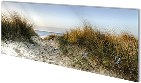 Wallario Wandgarderobe aus Glas in Größe 80 x 30 cm mit Memoboard-Funktion, Motiv: Weg durch die Dünen zum Strand am Meer | 5 Kleiderhaken zum Aufhängen von Jacken
