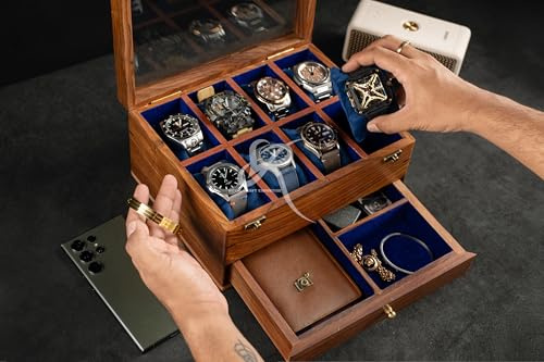 Royal Craft Expertise Premium Uhrenbox aus Holz mit Schublade – Luxuriöse Herren-Uhrenbox für 8 Uhren | Handgefertigt aus Rosenholz mit weichem Samtfutter
