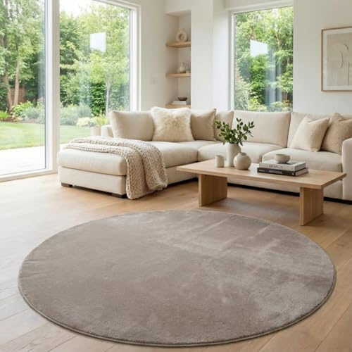 Jimri Flauschiger Teppich Läufer - Hochwertiger Kurzflor für Zuhause, Büro, Küche, Eingang, Flur, Wohnzimmer - Maschinenwaschbar - Rutschfester Teppich Waschbar - 160 cm Rund - Taupe