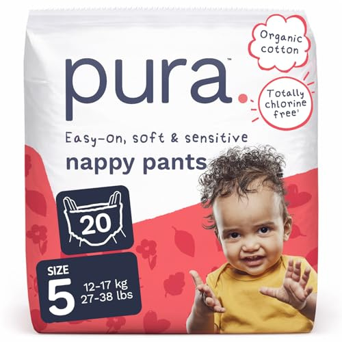 Pura Nappy Pants Size 5, 20 Count, 12-17kg, 360° Stretch Fit, Potty Training Pants for Hypoallergenic & Sensitive Skin, Up to 12 Hours Overnight Leak Protection, Totally Chlorine Free