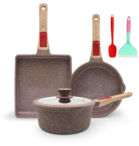 AIKENBBKK Set di Pentole e Padelle da in Ceramica da 6 pezzi, Padella 20 cm con Coperchio, Casseruola 20 cm, Padella Tamagoyaki Grande, con Rivestimento in Ceramica Antiaderente e Manico Rimovibile