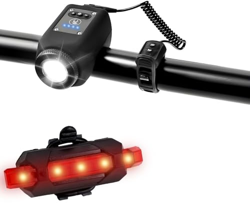 Abnaok Bike Light with Horn，USB Rechargeable Bike Light Set 120dB Powerful Bicycle Front Headlight and Back Taillight, 4 Light Modes, 6 Sound Modes，Easy to Install for Road Mountain Cycling