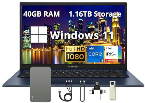 ASUS Vivobook - Computer portatile FHD da 14, RAM DDR4 da 40 GB, memoria da 1,16 TB (SSD da 1 TB e set di docking station da 160 GB), Intel i3-1215U, scheda grafica Intel Iris Xe, Windows 11, webcam