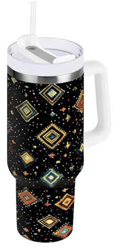JUMBEAR Bicchiere colorato in stile nativo americano da 890 ml, con manico e coperchio con cannuccia, isolante, riutilizzabile, in acciaio inox, da viaggio, tazza da caffè ghiacciato