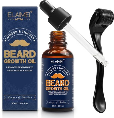 Kit Pousse Barbe avec Roller 0,25 mm, 30ml Huile Pousse Barbe, Kit de croissance de barbe, Entretien Barbe, Huile Barbe Hommem, sérum de croissance de barbe