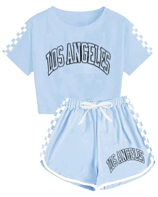 Guqmjde Mädchen Tshirt mit Shorts Set Sommer Bekleidungssets Sport Zweiteiler Mode Trainingsanzug Kinder Anzug Kurzarm Tops und Sporthose 2 Teiler Outfit Himmelblau, 10 Jahre