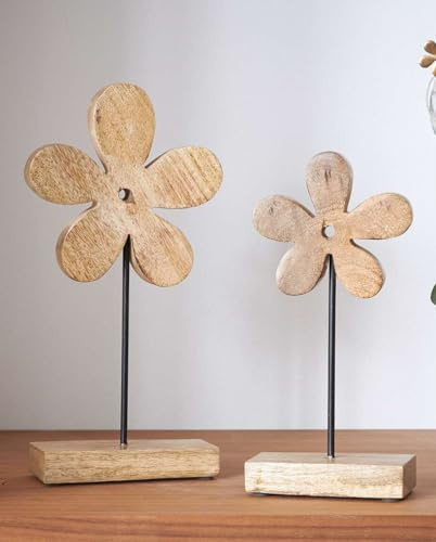 Dekoleidenschaft 2X Dekofigur Blume aus Mango Holz, 25 + 30 cm hoch, Tischdeko, Holzdeko