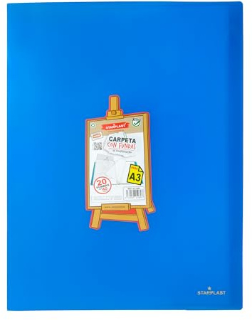 Carpeta con 20 Fundas Tamaño A3, Colores básicos, para 40 páginas, Polipropileno, Oficina, Escolar, Documentos, Archivador, 2 Bolsillos - AZUL