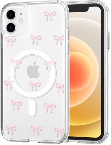 TVVTPU Magnetisch Hülle für iPhone 12/12 Pro Kompatibel mit MagSafe, Aesthetic Schleifen Muster Handyhülle Nie Vergilbung Dünne Transparent Hard Rückseite Stoßfest Kratzfest Schutzhülle Case, Rosa
