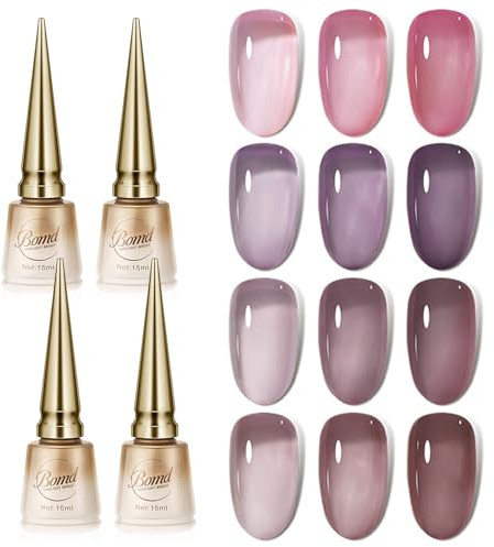 4 Farben Semi-permanenter Gel Lack, Nude Farben Gel UV Nagellack Set, UV Nagellack Jelly Glas Kristall für Nagelkunst Maniküre Salon, 4 x 15 ML