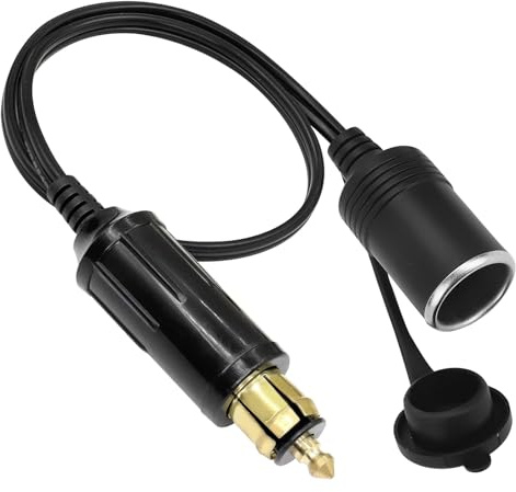Powice DIN-Stecker auf Zigarettenanzünder Buchse (12-24V/120W Max) 35cm Länge Vollkupferleitung (18AWG) Mit wasserdichter Abdeckung für Auto, Motorrad, Batterie