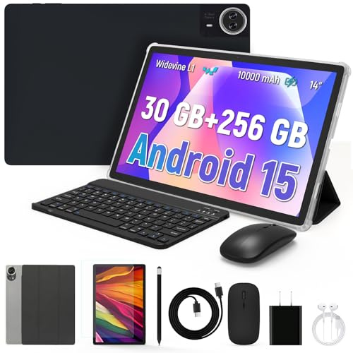 Freeski Tablet 14 inch Tablets Android 15,Octa-Core Processor,30GB RAM 256GB ROM 1TB Expand,5G WiFi 6,1920 x 1200 HD/Dual 5MP+8MP Camere/Bluetooth 5.0/Face ID,Android Tablet with Keyboard Mouse Case