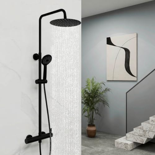 HAPAOSO Colonne de Douche Sans Mitigeur en Laiton, Douche Plafond Ronde 25 cm, Douchette à 3 Jets, Réglable en hauteur pour Salle de Bain (Noir)