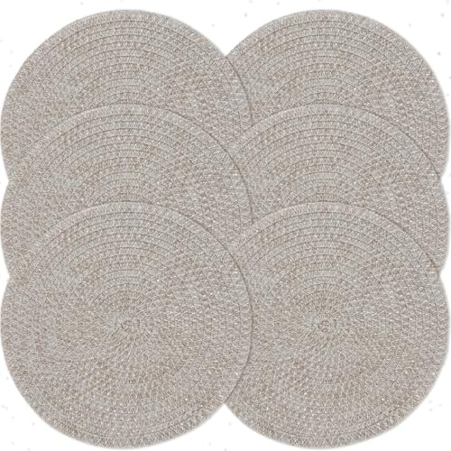 Privalace Runde Platzsets Abwaschbar 6er Set,Tischsets Platzsets Rund Grau Geflochten mit Pailletten,rutschfest Hitzebeständig Platzdeckchen für Küche(Leinenfarbe)