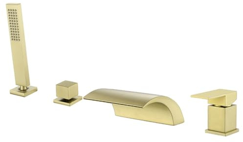 XJTNLB Mitigeur Bain Douche 4 Trous Robinet Baignoire avec Douchette Or Brossé Robinet Mitigeur et Douche de Salle de Bain Baignoire
