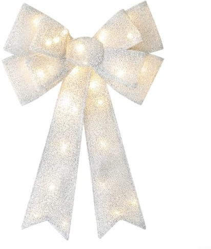 Gettimore 54 cm große Weihnachtsschleifen mit LED-Lichtern, 8 Modi, Lampe, Glitzer, Weihnachtsbaumschmuck, Weihnachten, Tür, Fenster, Kränze, Alternative, Gold und Silber (Luminöses Silber)