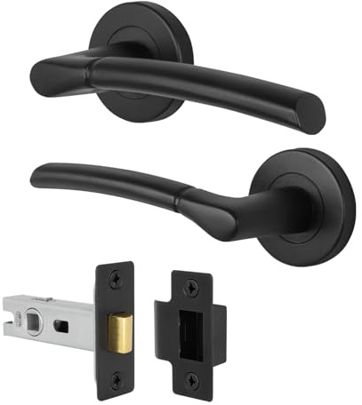 EAI Matt Black Door Handles with Latch, 1 Pack - Bova | Complete Latch Kit with 1 Pair of Lever on Rose Door Handles, 64mm Latch, Fixings Included