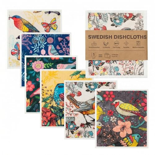 6 Pack Swedish Dishcloths – Mixed Colours Reusable Cleaning Cloths – 100% Biodegradable & Compostable Eco Friendly Kitchen Cloths – Washable Absorbent Sponge Alternative for Dishes