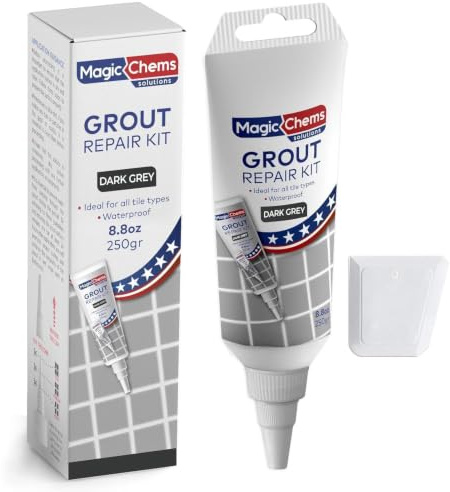 Tile Grout Repair, Dark Grey 8.8 oz/250gr. Fast Drying Grout Repair Kit, Grout Filler Tube Repair Kit, Tile Grout Paint, Grout Sealer Restore and Renew Bathroom Floor, Tile Gaps, Joints, Lines
