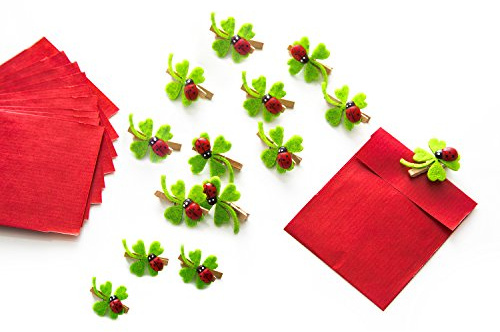 Logbuch-Verlag 14 kleine Papiertüten rot mit Kleeblatt Klammer Glücksbringer Verpackung 7 x 9 cm