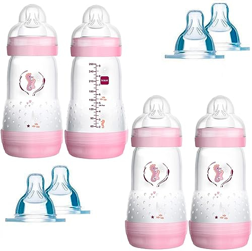 MAM BABY_BOTTLE 260 ml Pack of 4 with Anti-Colic, Self-Sterilizing, Orthodontic Teats (Girl), BPA Free