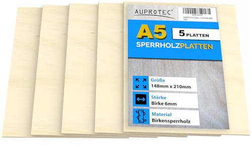 AUPROTEC 5x A5 Sperrholz-Platten Birke 6mm Multiplexplatten (148 mm x 210 mm) Bastel- und Laubsäge-Holzplatten Birke Massiv Multiplex Holz Industriequalität