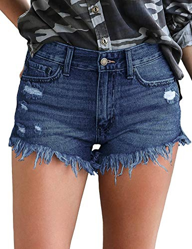 Roskiky Women's Mid Rise Shorts Stretch Frayed Ripped Raw Hem Denim Jean Shorts Deep Blue, Size M
