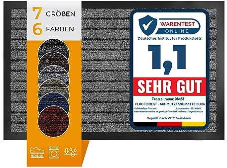Floordirekt Schmutzfangmatte Dura | Robust & Strapazierfähig | In vielen Größen und Farben | rutschfeste Sauberlaufmatte für Innen und Außen (Grau, 66 x 120 cm)
