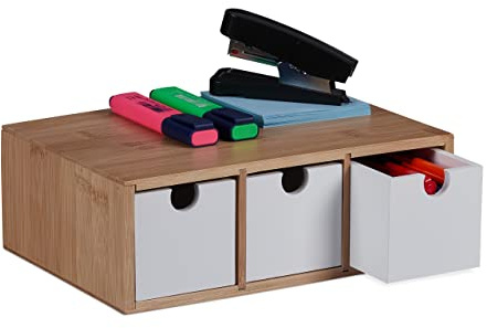 Relaxdays Schubladenbox, Bambus & MDF, Mini Kommode 3 Schubladen, HBT 9 x 26 x 18 cm, Schreibtisch Organizer, Natur/weiß | Mini Kommode 3 Schubladen, HBT 9 x 26 x 18 cm, Schreibtisch Organizer