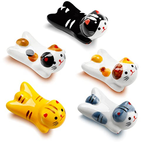 5 Pack Cat Chopsticks Holder Set Cute Chopsticks Rest Japanese Style Porcelain Lucky Cat Spoon Rest ceramic chopsticks for Dinner Fork Knife Tableware, Decoration Home Kitchen Gift