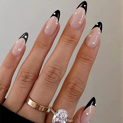 JUSTOTRY 24 Stück Mandel Pearls Nägel Zum Aufkleben Kurz, Schwarz French Künstliche Nägel, Nude Oval Kunstnägel Press on Nails, Acryl Fingernägel Fake Nails Kurz für Frauen