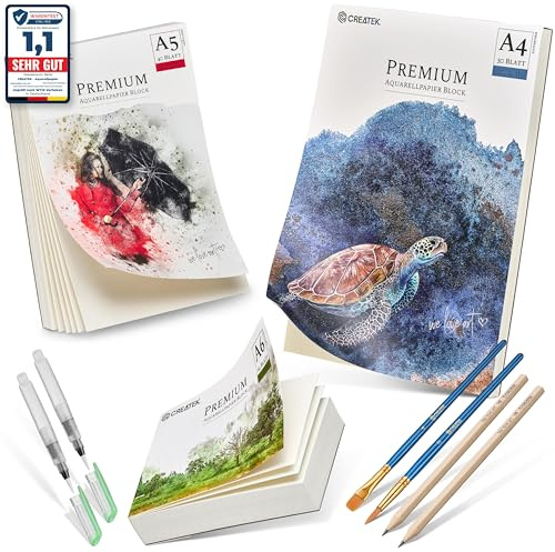 CreaTek Aquarellpapier Set A4 + A5 + A6, 300g, Aquarellblock und Malblock | Malblock naturweiß kaltgepresst, säurefrei, doppelseitig nutzbar, für Wasserfarben Gouache Acryl, A4 A5 A6 im Set