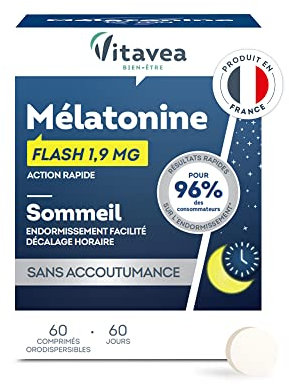 Vitavea - Mélatonine 1,9 mg - Hautement Dosée - Complément Alimentaire Sommeil Adulte - Endormissement, Pour Dormir - Décalage Horaire, Jet Lag - 60 comprimés - Cure 2 mois - Fabriqué en France