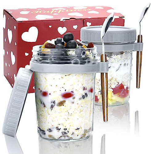 Kvittra Overnight Oats Containers with Lids and Spoons - 2 Pack Glass Mason Jars for Overnight Oats Oatmeal Chia Seed Pudding 10 oz Meal Prep Salad Jars Set for Breakfast Essentials
