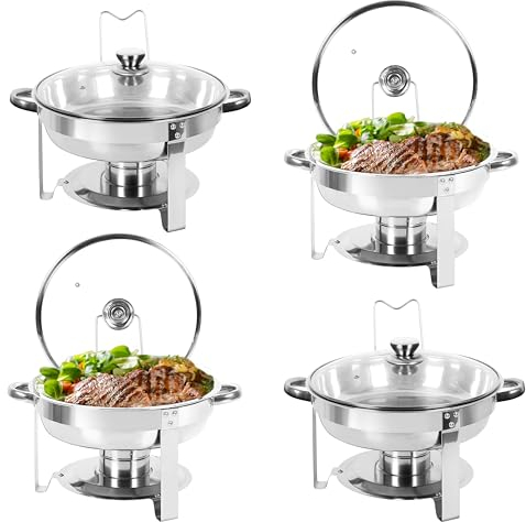 IMACONE Chafing Dish Buffet Set of 4, 5QT Round Stainless Steel Chafer for Catering, Upgraded Chafers and Buffet Warmer Sets with Glass Lid & Holder, Frame, Fuel Holder for Event Party Wedding Holiday