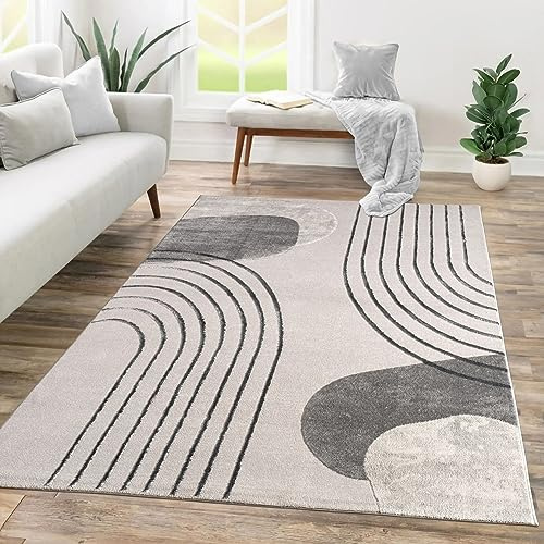 TT Home Tappeto Camera Da Letto Soggiorno Pelo Corto Disegno Geometrico 3D Astratto, Colore:Grigio Crema, Dimensione:160x230 cm