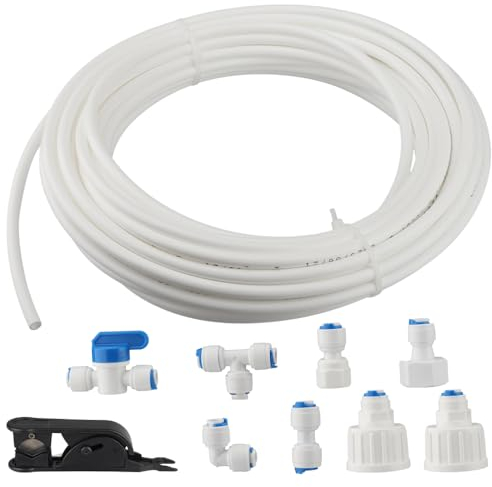 Kit di connessione acqua per frigorifero da 15m,tubo flessibile del collettore frigorifero,adatto per purificatori d'acqua, fontane, ecc, dotato di accessori per sistemi a osmosi inversa Bianco