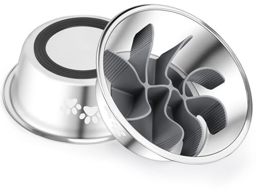 PETTOM 2-Pack Stainless Steel Dog Bowls with Slow Feeder Insert, Anti-Slip Pet Bowls for Dogs, Metal Dog Feeding Bowls, Great for Water/Food (1560MLx2)