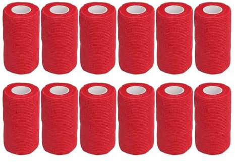 Selbstklebende Bandage, 12 Stück, elastische Bandage aus Latex, Vliesstoff, Elastische kohäsive Bandage Wrap Kohäsive Bandagen für Kühe, Hunde, Pferde, 10 cm (Rot)
