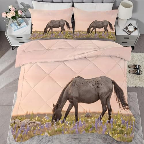 buyluhn Bettdecke 180x220 Pferd, 4 Jahreszeiten Bettdecken Wilde Tiere Ohne Bezug Nutzbar, Kinder Steppdecke Ganzjahresdecke, Waschbar Bettzeug mit 2 Kissenbezug für Sommer Winter