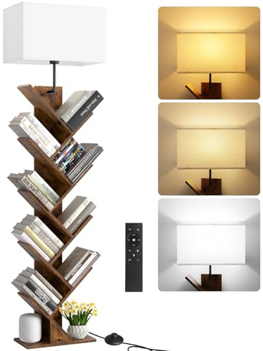 OUTONLIFE Baum Bücherregal mit Licht, 9 Ebenen Eckregal，Fernbedienung & Timer, Schmales Standregal aus Holz, Kleines Regal für Bücher, CDs & DVDs, für Wohnzimmer, Kinderzimmer, Büro(Rustic Brown)