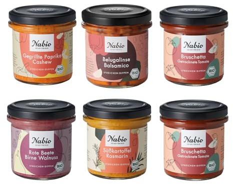 NABIO 6er Box Mediterrane Bio-Aufstriche | 100% Vegan | Cremige Brotaufstriche & Dips | Ohne Konservierungsstoffe | 6 x 135g