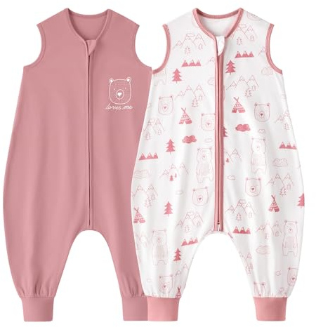Looxii 2-pack baby sommarsovsäck med fötter 0,5 tog sovsäck baby 100 % bomull baby sovsäck för barn 3–4 år pojkar flickor 90 cm rosa björn