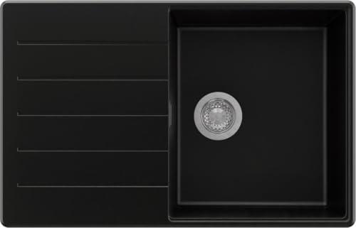 PRIMAGRAN Evier Cuisine en Granit au Meuble 50cm + Kit de Vidage, 78x50cm | Set: Kit de Vidage (Siphon, bonde d’évacuation, trop-plein) + Lavabo 1 Bac - Copenhague Top, Noir