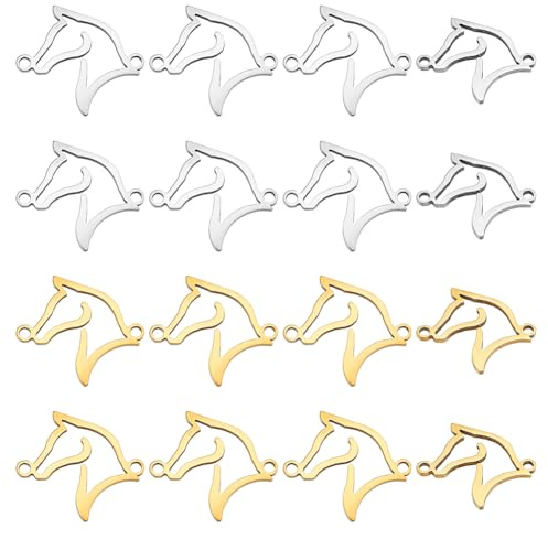AHANDMAKER Lot de 16 breloques en forme de tête de cheval - 2 couleurs - Pendentifs en métal - En acier inoxydable - Creux - Vintage - Pour fabrication de colliers, bracelets, bijoux, Métal