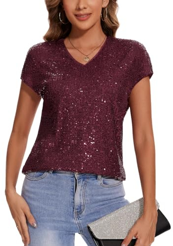 Kyzoeyou Damen Pailletten Glitzer Tops Oberteil Kurzarm V-Ausschnitt T-Shirt Bluse Cap Ärmel Freizeit Party Festival Club