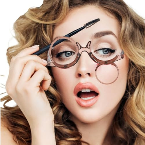 OREUDO Magnifying Makeup Glasses for Women & Men HD Flip Down Lenses for Eyeliner, Mascara, Reading, Watching TV – Lightweight Plastic Frame w/Case & Cloth (coffee brown, 2.5 X)
